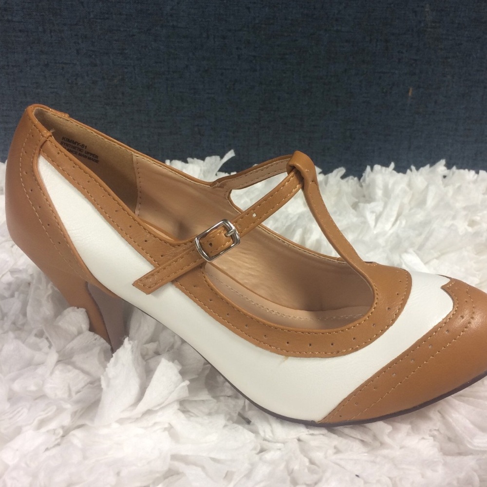 Chase & Chloe Retro Tan Cream Shoe Vintage Pinup - Picture 3 of 5